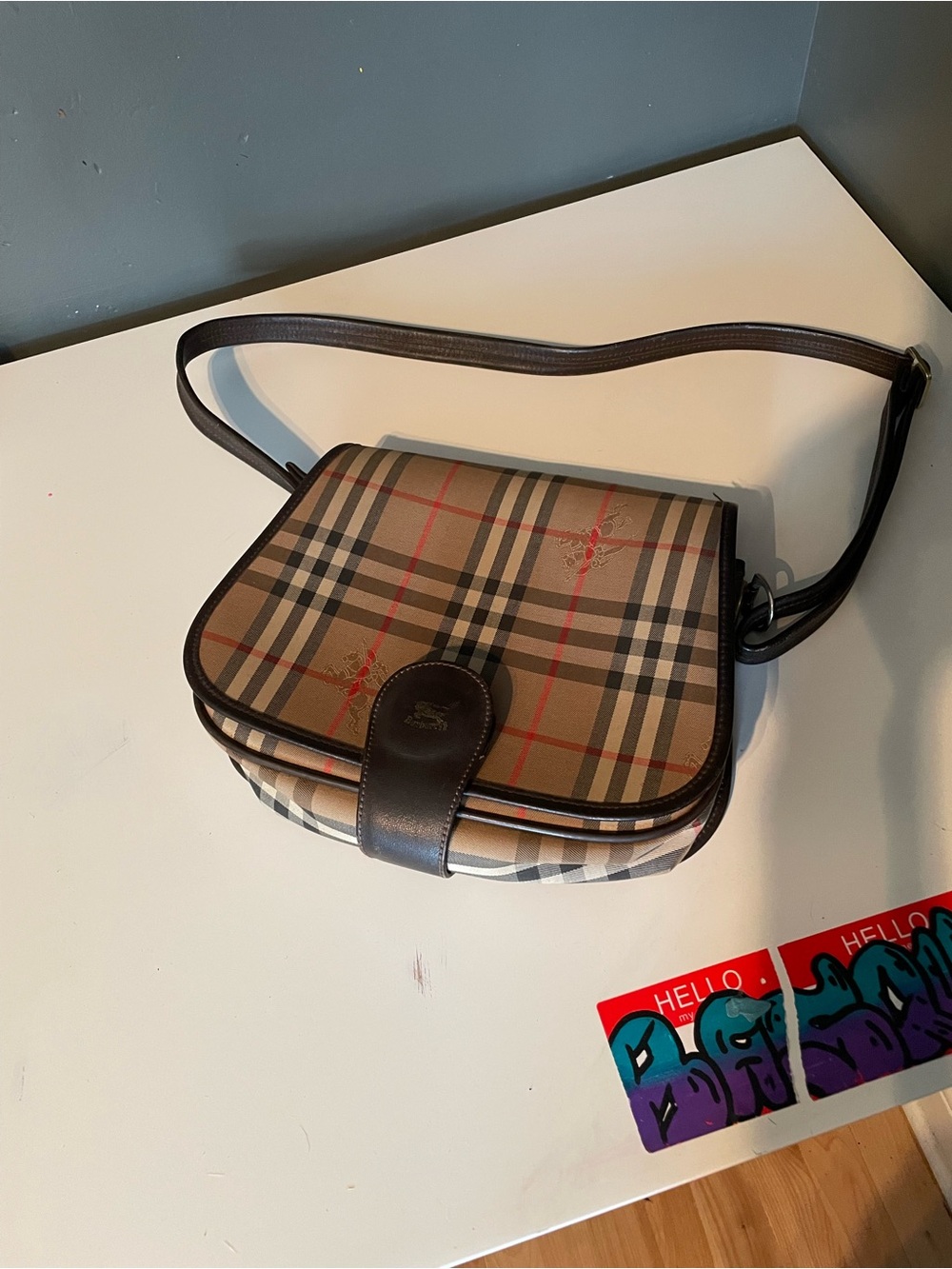 Burberry Tan Check Crossbody with Brown Leather Trim